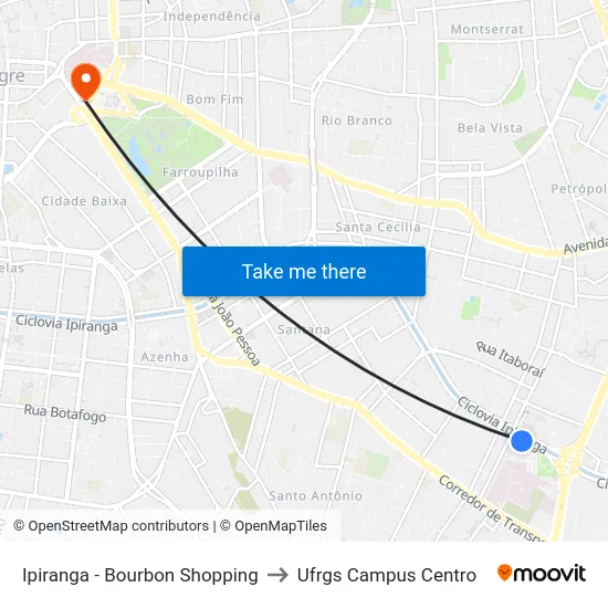 Ipiranga - Bourbon Shopping to Ufrgs Campus Centro map