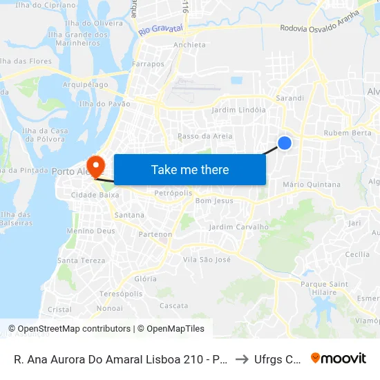 R. Ana Aurora Do Amaral Lisboa 210 - Passo Das Pedras Porto Alegre - Rs 91230-000 Brasil to Ufrgs Campus Centro map