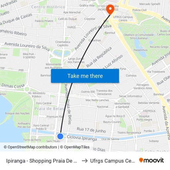 Ipiranga - Shopping Praia De Belas to Ufrgs Campus Centro map