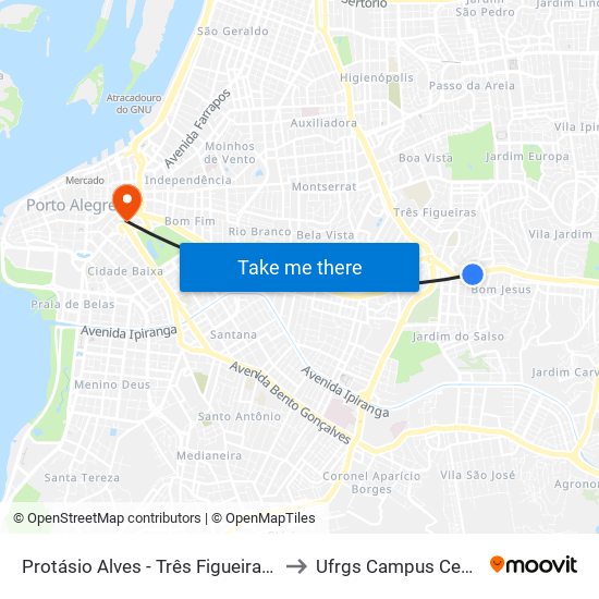 Protásio Alves - Três Figueiras Cb to Ufrgs Campus Centro map