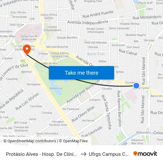 Protásio Alves - Hosp. De Clínicas Cb to Ufrgs Campus Centro map