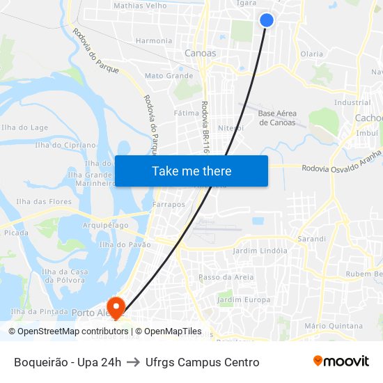 Boqueirão - Upa 24h to Ufrgs Campus Centro map