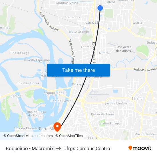 Boqueirão - Macromix to Ufrgs Campus Centro map
