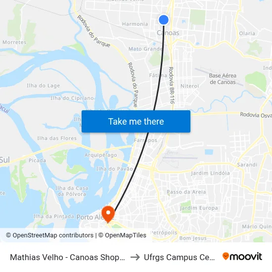 Mathias Velho - Canoas Shopping to Ufrgs Campus Centro map
