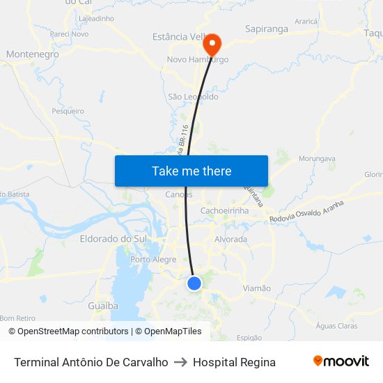 Terminal Antônio De Carvalho to Hospital Regina map