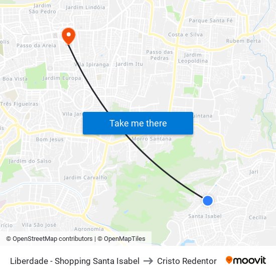 Liberdade - Shopping Santa Isabel to Cristo Redentor map