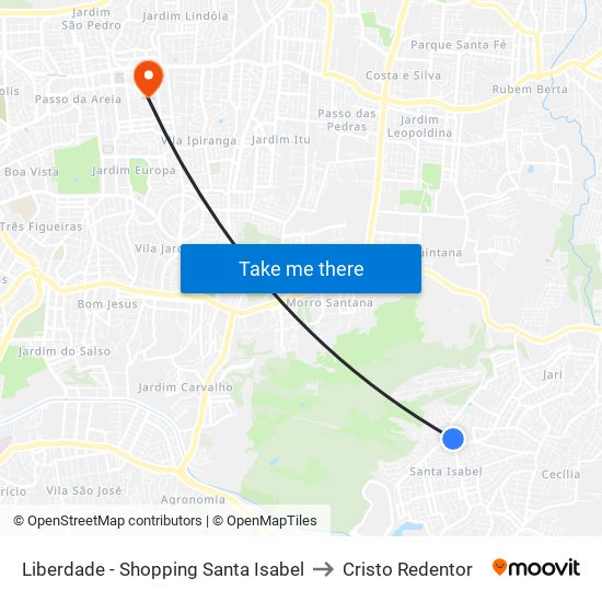 Liberdade - Shopping Santa Isabel to Cristo Redentor map