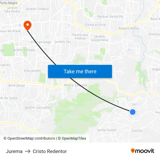 Jurema to Cristo Redentor map