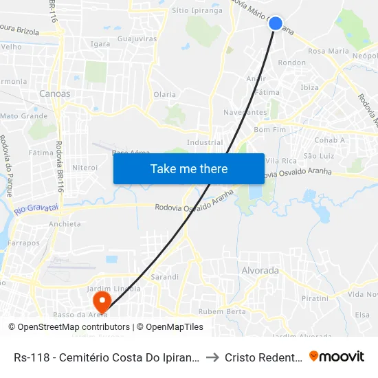 Rs-118 - Cemitério Costa Do Ipiranga to Cristo Redentor map