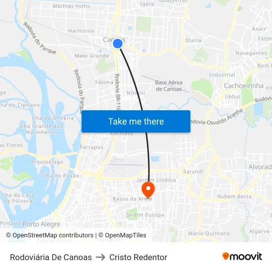 Rodoviária De Canoas to Cristo Redentor map