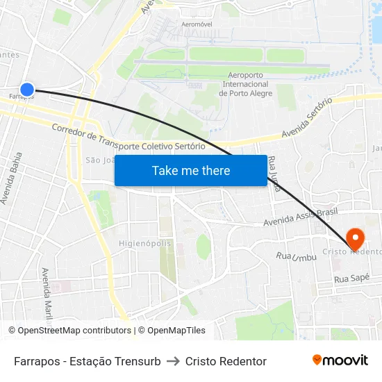 Farrapos - Estação Trensurb to Cristo Redentor map