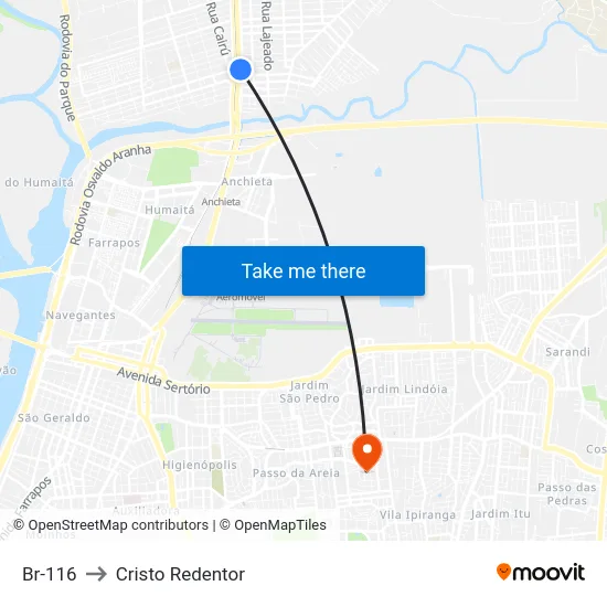 Br-116 to Cristo Redentor map