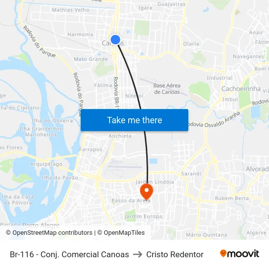 Br-116 - Conj. Comercial Canoas to Cristo Redentor map