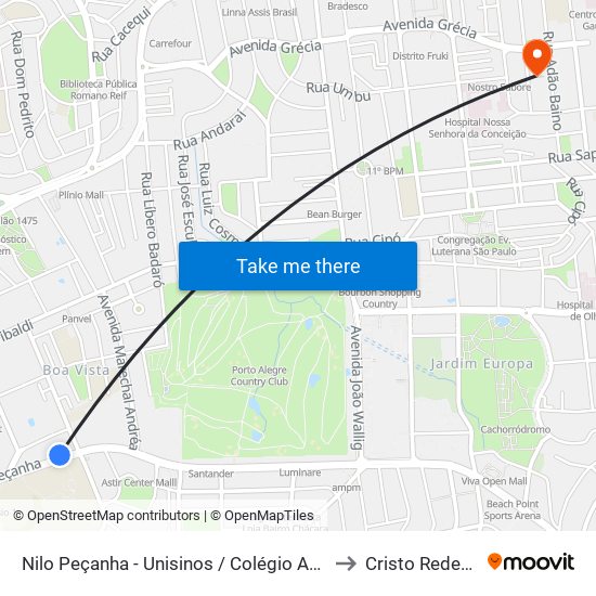 Nilo Peçanha - Unisinos / Colégio Anchieta to Cristo Redentor map