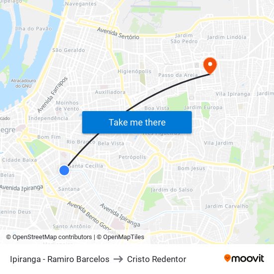 Ipiranga - Ramiro Barcelos to Cristo Redentor map