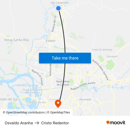 Osvaldo Aranha to Cristo Redentor map