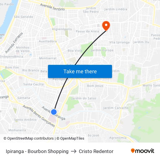 Ipiranga - Bourbon Shopping to Cristo Redentor map