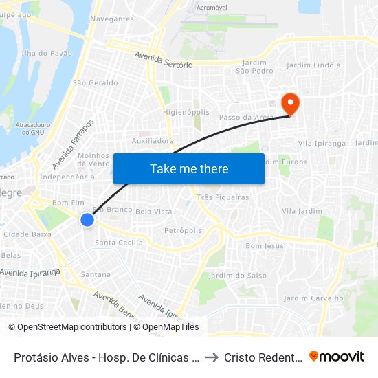 Protásio Alves - Hosp. De Clínicas Bc to Cristo Redentor map