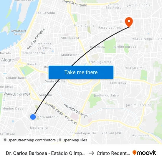 Dr. Carlos Barbosa - Estádio Olímpico to Cristo Redentor map
