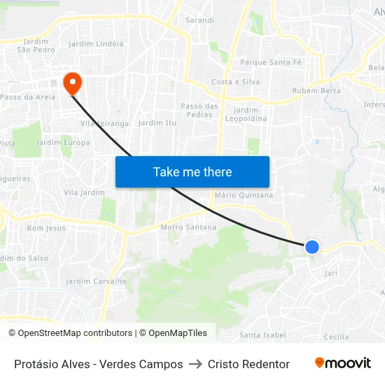 Protásio Alves - Verdes Campos to Cristo Redentor map