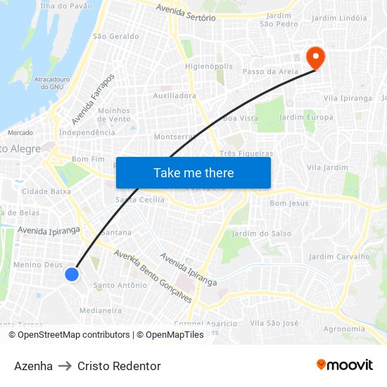 Azenha to Cristo Redentor map