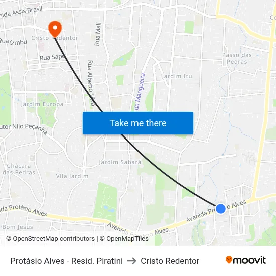Protásio Alves - Resid. Piratini to Cristo Redentor map