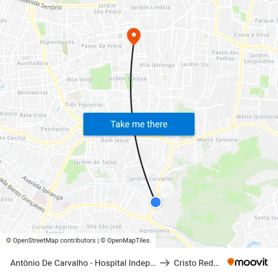 Antônio De Carvalho - Hospital Independência to Cristo Redentor map