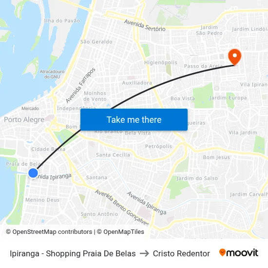 Ipiranga - Shopping Praia De Belas to Cristo Redentor map