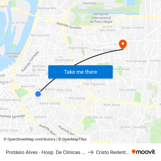 Protásio Alves - Hosp. De Clínicas Cb to Cristo Redentor map
