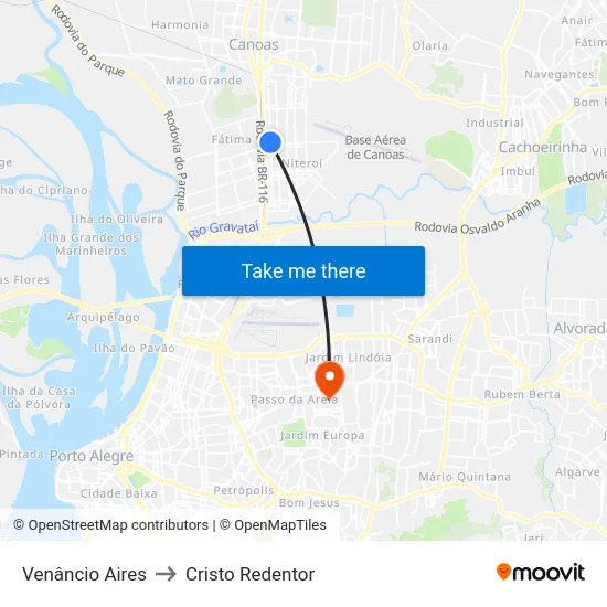 Venâncio Aires to Cristo Redentor map