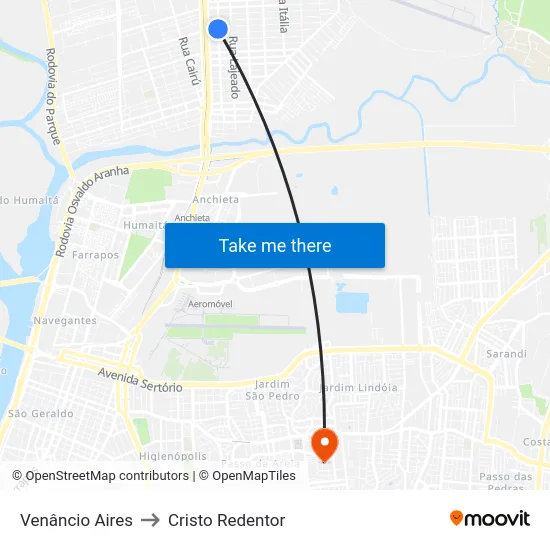 Venâncio Aires to Cristo Redentor map