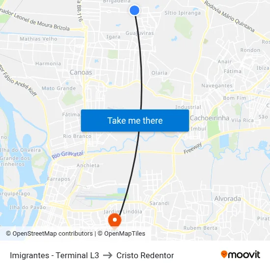 Imigrantes - Terminal L3 to Cristo Redentor map