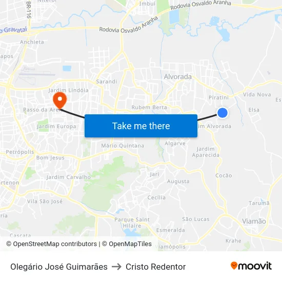 Olegário José Guimarães to Cristo Redentor map