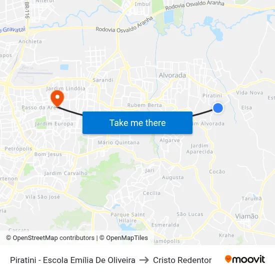 Piratini - Escola Emília De Oliveira to Cristo Redentor map