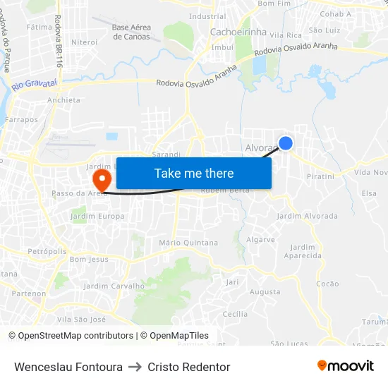 Wenceslau Fontoura to Cristo Redentor map