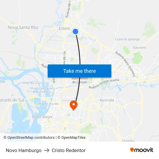 Novo Hamburgo to Cristo Redentor map