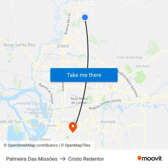 Palmeira Das Missões to Cristo Redentor map