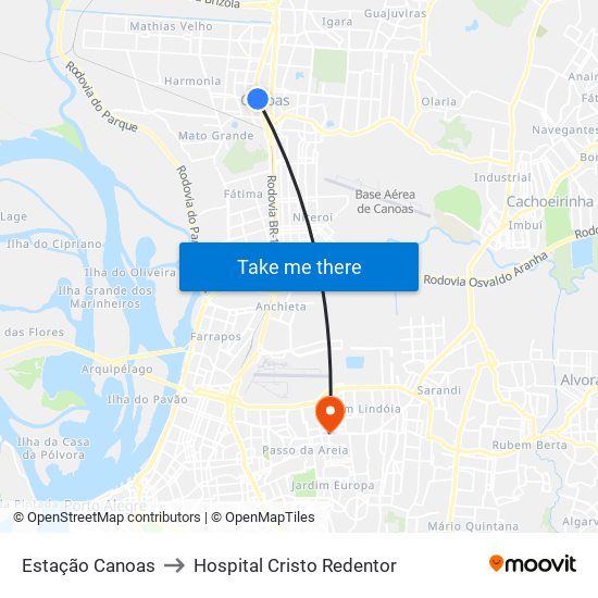 Estação Canoas to Hospital Cristo Redentor map