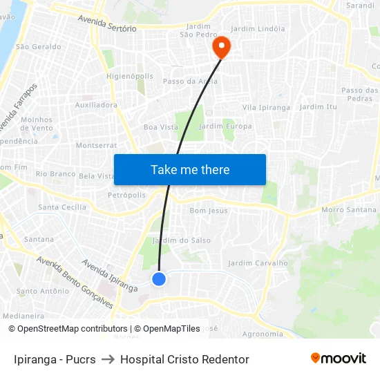 Ipiranga - Pucrs to Hospital Cristo Redentor map