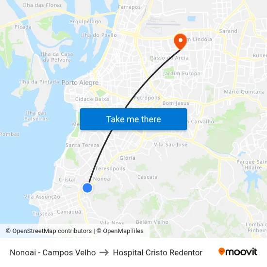 Nonoai - Campos Velho to Hospital Cristo Redentor map