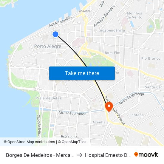 Borges De Medeiros - Mercado Público to Hospital Ernesto Dornelles map