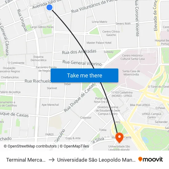 Terminal Mercado to Universidade São Leopoldo Mandic map