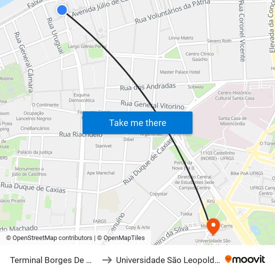 Terminal Borges De Medeiros to Universidade São Leopoldo Mandic map