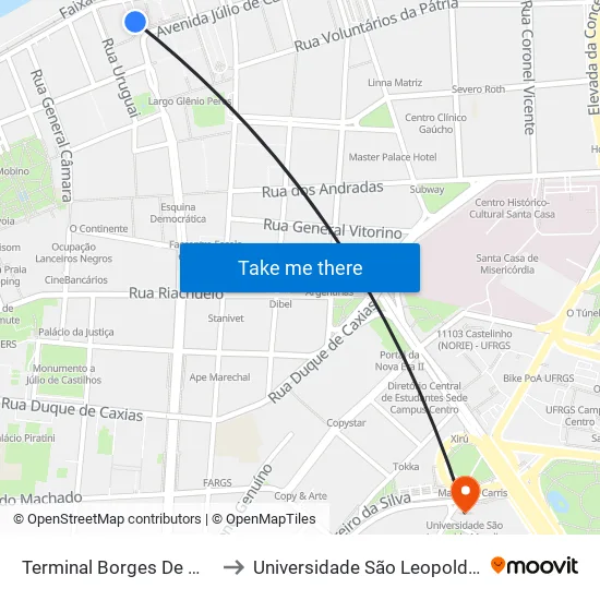 Terminal Borges De Medeiros to Universidade São Leopoldo Mandic map