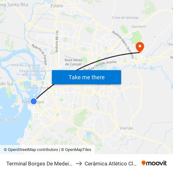 Terminal Borges De Medeiros to Cerâmica Atlético Clube map