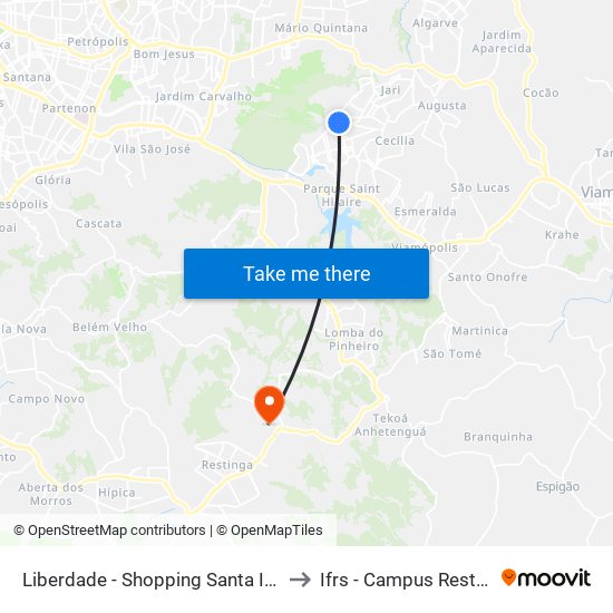 Liberdade - Shopping Santa Isabel to Ifrs - Campus Restinga map
