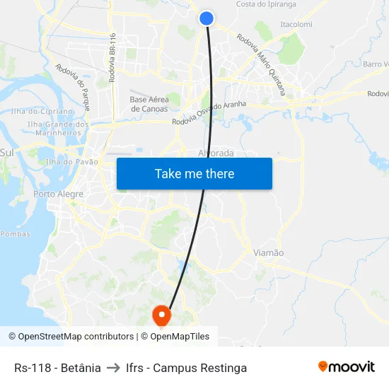 Rs-118 - Betânia to Ifrs - Campus Restinga map