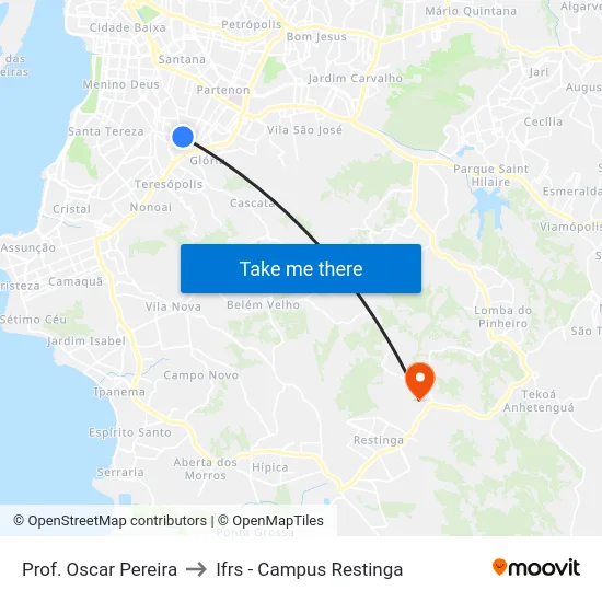 Prof. Oscar Pereira to Ifrs - Campus Restinga map