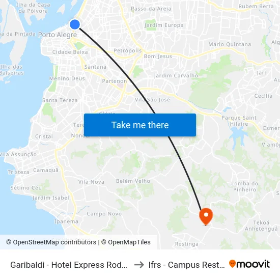 Garibaldi - Hotel Express Rodoviária to Ifrs - Campus Restinga map