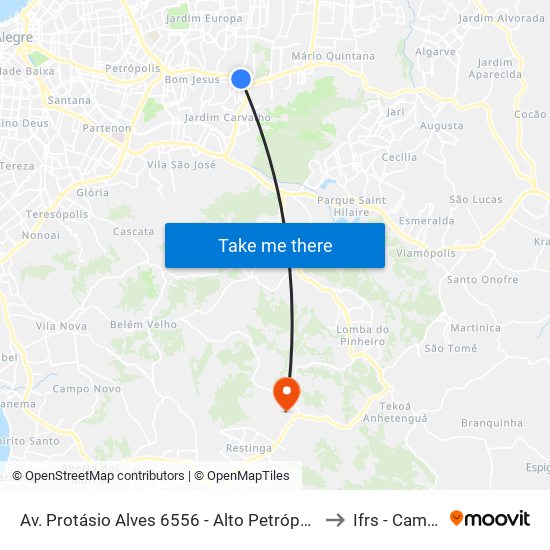 Av. Protásio Alves 6556 - Alto Petrópolis Porto Alegre - Rs 91210-280 Brasil to Ifrs - Campus Restinga map